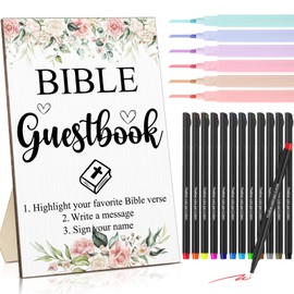 Geelin 19 Pcs Bible Wedding Guestbook Sign and Pens Set Greenery Wooden Standing Bible Guest Book Sign 6 Highlighters 12 Fine Point Pens for Baby Shower Bridal Shower Party (Flower)