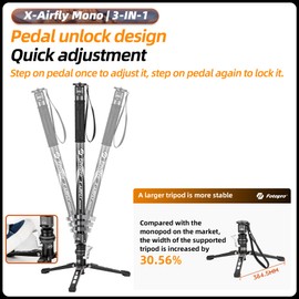 Fotopro 73.4" Carbon Fiber Monopod with Pedal Feet, 3-in-1 Lightweight Travel Monopod, Portable Stand with Flip Lock, Compatible with Canon Nikon Sony DSLR Camera, Max Load 22 lbs, X-Airfly Mono Grey
