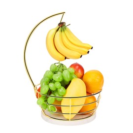 Livabber Countertop Fruit Basket Bowl with Banana Hanger, Modern Standing Fruit Vegetable Bowl Storage, with Banana Tree Holder for Kitchen Dinning Table (Round Marble, Gold)