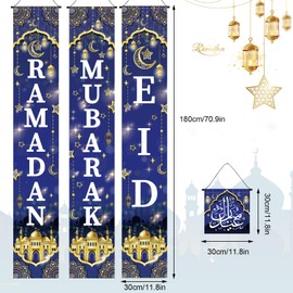 DPKOW Ramadan Mubarak Banner Eid Ramadan Decorations for Home, Blue Gold Ramadan Banner Eid Mubarak Decorations Islamic Muslim Eid Welcome Porch Sign, Eid Banner Decorations Ramadan Gifts Supplies
