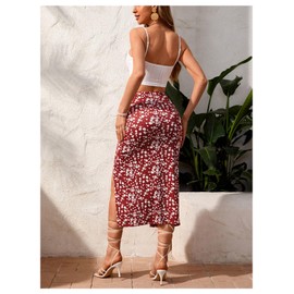 SOLY HUX Women's Summer Two Piece Outfits Cami Tops and Floral Print Drawstring Split Skirt Set Red Floral X-Small