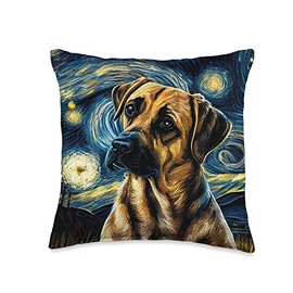 Black Mouth Cur in Starry Night Painting Dog Mom Dad Throw Pillow