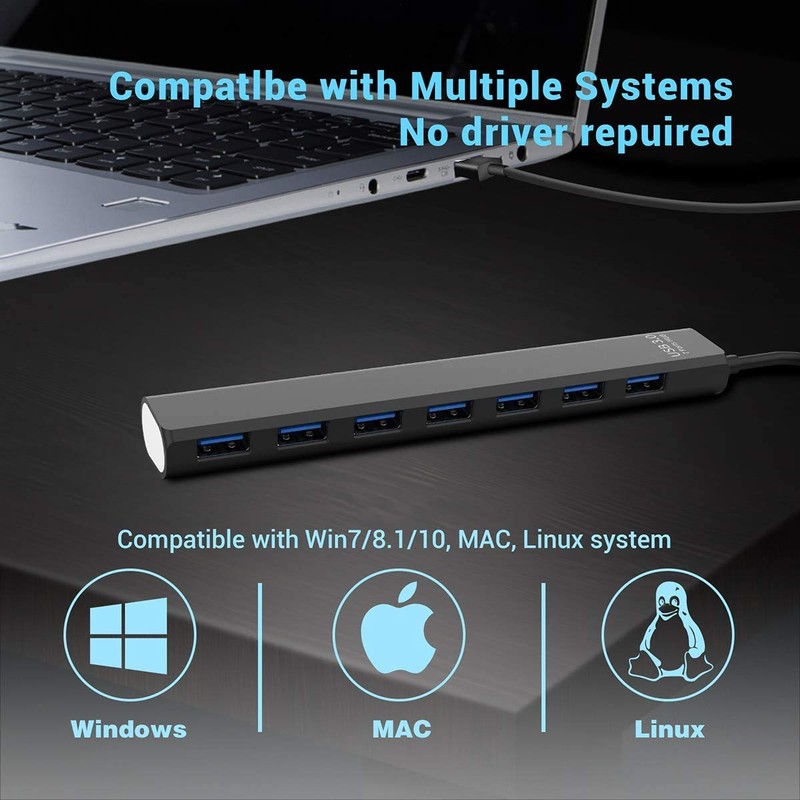 Multi USB 3.0 Hub 7-Port High Speed 5Gbps Slim Compact