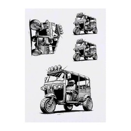 4 x 'Fancy Tuk Tuk' Temporary Tattoos - Water Resistant, Skin-Safe, Non-Toxic Transfers, Mixed Sizes (TO00083232)