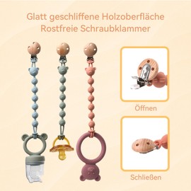 4 Stück Schnullerkette Mädchen/Junge, Schnullerkette Silikon with Holz Clip, Schnullerband, Schnullerketten, Cup Catcher Baby, Kinderwagen Spielzeug Kette Befestigung sicherheitsgurte