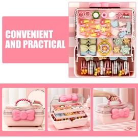 Mipcase Caja Organizadora para Accesorios de Cabello Niñas Estuche Portátil Asa Multicapas y Compartimentos Color Rosa Lazo Decorativo Almacenamiento para Pinzas Ligas y Joyas