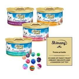 Fancy Feast Wet Canned Cat Food Creamy Delights Variety Bundle - 3oz 12 Count. 4 Different Flavors - Plus a Random Cat Toy