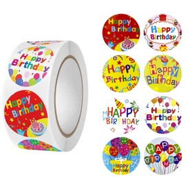 Andiker 500 Pieces Watercolor Happy Birthday Stickers, 1 Roll Cute Round Adhesive Birthday Sealing Sticker Labels for Kids Party Decoration (Type 2)