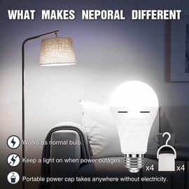 Neporal A19 Rechargeable Light Bulbs Emergency Light Bulb for Power Outages, Led Bulb 60 Watt Equiv., Self-Charging Light Bulb 1200mAh Battery Backup Light Bulbs for Daily, Emergency Use (Daylight)