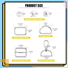 Mardatt 100 PCS 3 Colors Hardware Buckles Kit including D-Ring, Triangle Slide Square Rings Magnetic Snap Swivel Clasp Hooks, Silver, 1 inch/25mm
