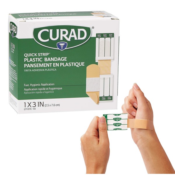 CURAD Quick Strip Plastic Sterile Adhesive Bandages with Fast Application, 1" x 3", Box of 100