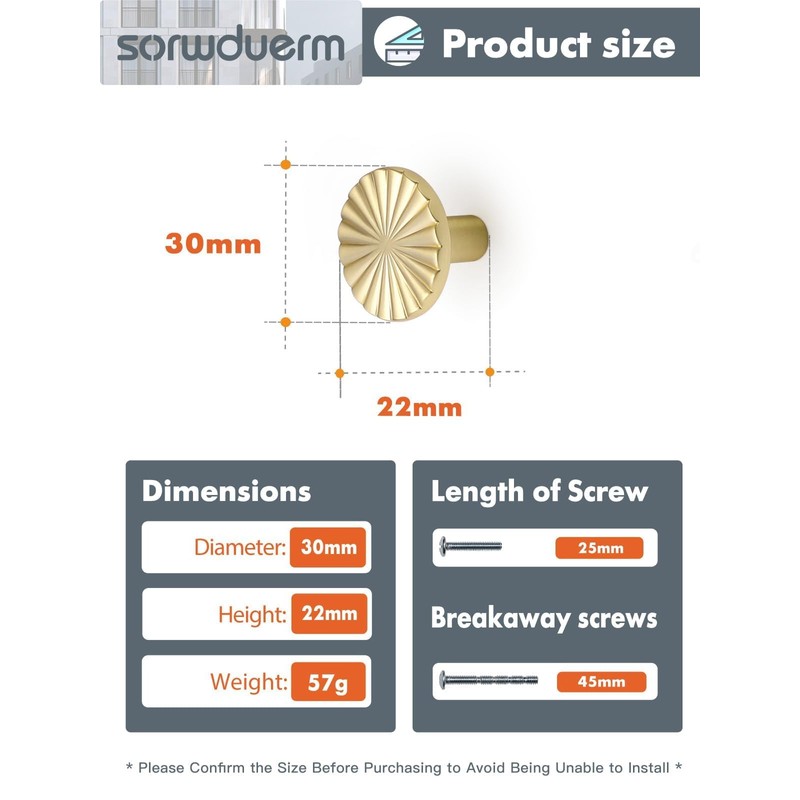 SORWDUERM 2 Pack Brushed Gold Cabinet Knobs Brass Kitchen Solid