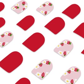 Flower Press on Nails Short Square Fake Nails Red False Nails with Cute Flowers Designs Strawberry Full Cover Stick on Nails Glue on Nails Summer Nails Acrylic Nails for Women Girls 24 Pcs