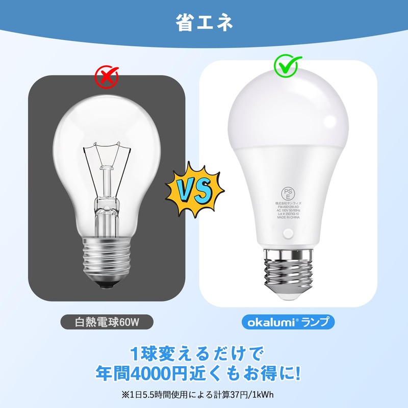 OKALUMI 防災LED電球 蓄電型LED電球 E26 8W 800lm 60W形相当 スイッチ付き USB充電式 省エネ
