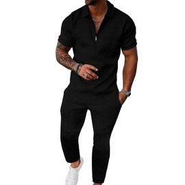 UOUA Mens Sweat Suits Set Tracksuit 2 Piece Outfits Short Sleeve Casual Sweatshirt & Loose Jogging Pants Polo Track Suit Loungewear Athletic Sweatsuit Black 3XL