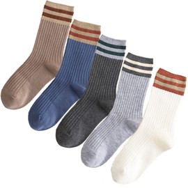 ANIDL 5 Pairs Fashion Striped Athletic Socks,Casual Cute Vintage Crew Socks,All Season Socks for Women Girls, Style B - Multicolor 2, One Size