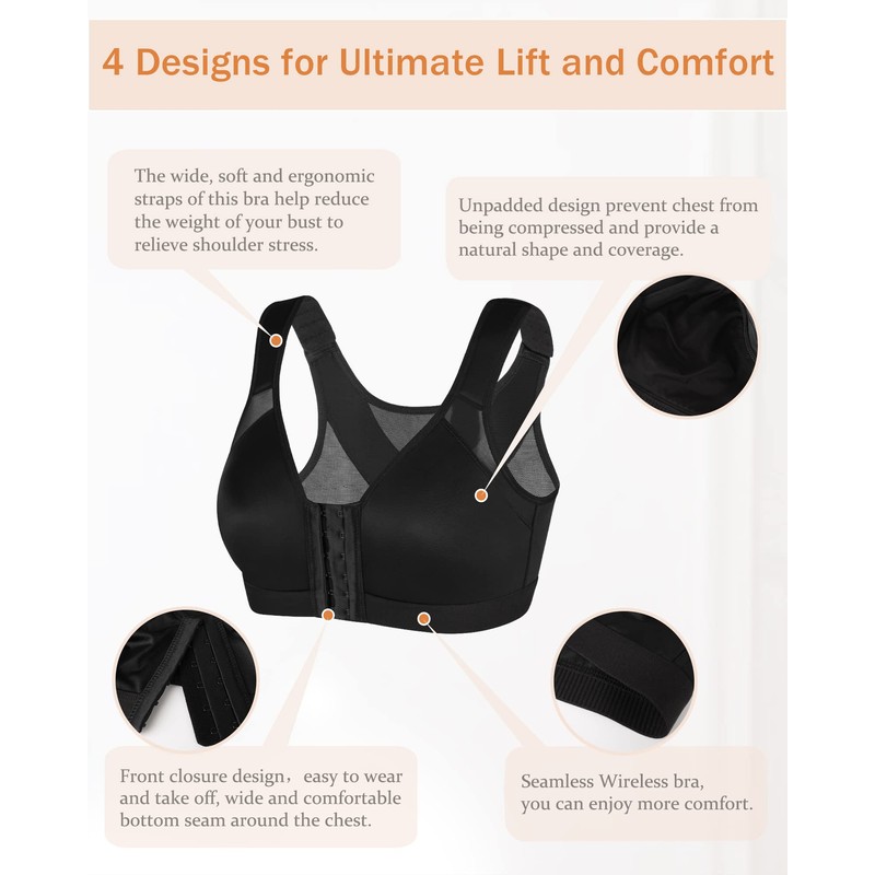 DotVol Women's Front Closure Bra Back Support Posture Correction Bra