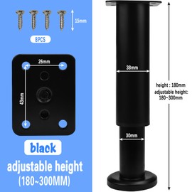 SLTAXAR Pack of 2 Furniture Feet Height Adjustable, Furniture Feet Metal Black Adjustable 18-30 cm Furniture Feet, Height Adjustable Furniture Legs, Bed Feet, Adjustable Support Feet for Furniture