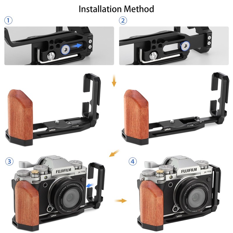 LEFTFOTO X-T5 レトロハンドグリップ L字型ブラケットハンドル 木製グリップ付き Fuj XT5 カメラ用 取り外し可能な垂直張力サイドクイックリリースプレート付き Arca