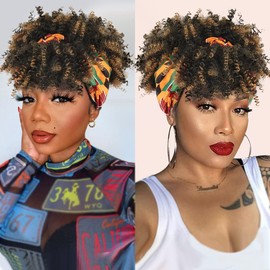 LEOSA Short Afro Kinky Curly Wigs for Black Women Natural Black Curly Headband with Bangs Synthetic Curly Wigs with Head Wrap 2 in 1 for Women Curly Full Scarf Wigs