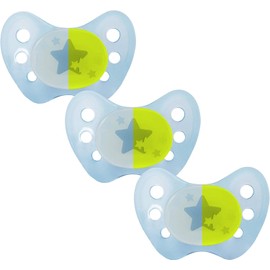 dentistar Night Latex Dummies Set of 3 - Size 3, from 14 Months - Teeth & Jaw Friendly Glow Dummy for Night - Blue with Star Motif, Glow in the Dark - Made in Germany
