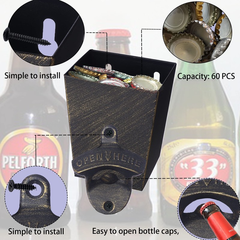 Jumiok Old Fashioned Beer Bottle Opener Wall Mounted Bottle Top