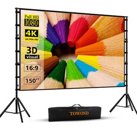 TOWOND Projector Screen and Stand,Towond 150 inch Indoor Outdoor Projection Screen, Portable 16:9 4K HD Rear Front Movie Screen with Carry Bag Wrinkle-Free Design for Home Theater Backyard Cinema