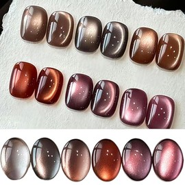 Juego de 6 esmaltes de uñas en gel con efecto ojo de gato y imán 3 en 1, efecto ojo de gato holográfico plateado, rosa y marrón, para manicura en gel 