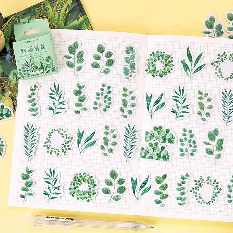 Doraking 45PCS Boxed DIY Decoration Green Leaves Adhesive Paper Stickers