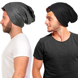 Geyoga 2 Pcs Silk Satin Bonnet for Sleeping Men Silk Satin Beanie with Adjustable Elastic Band for Curly Hair(Black, Dark Grey)