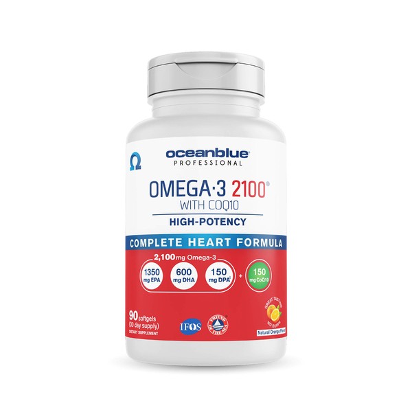Oceanblue Omega-3 2100 with CoQ10 – 90 ct – Triple Strength Burpless Fish Oil Supplement with High-Potency EPA, DHA, DPA and CoQ10 – Orange Flavor (30 Servings)