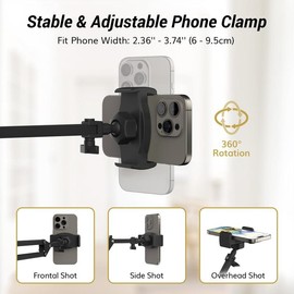 TONOR Overhead Ring Light Kit 10" Ringlight with Hefty Duty Boom Arm, Phone Holder, Adjustable Angle, 128 LED Beads, Metal Stand