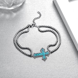 qielizhu Turquoise Cross Bracelet for Men 925 Sterling Silver Cross Turquoise Bracelet Cross Jewelry Gifts for Men