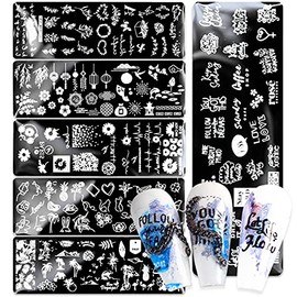 Nail Stamping Plate, DANNEASY 6 Pieces Nail Stencils Kit Nail Stamps Template Manicure Kit With Nail Stamper, Scraper, Storage Bag (Summer Style)