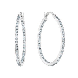 Sterling Silver In and Out Hoop Earrings with Diamond Accents (1 1/4 Inch)