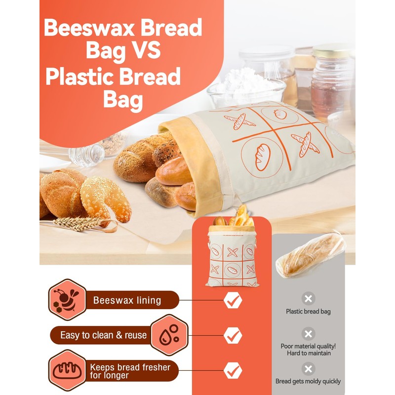 Beeswax Bread Bags Reusable for Homemade Sourdough - Large Cotton