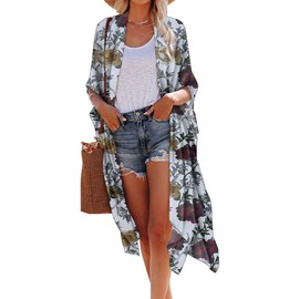 Hibluco Women's Summer Chiffon Floral Kimono Cardigan Long Swimwear Cover Ups