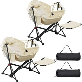 Ainfox Hammock Camping Chair with Footrest, Heavy Duty Foldable Portable Rocking Hammock Chairs Outside Swinging Camp with Cup Holder Pillow for Outdoor Patio Poolside Beige 2 Pack