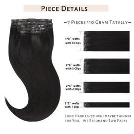 Caliee 18Inch Jet Black Seamless Human Hair Extensions Ultra Invisible Skin Weft Clip ins 7Pcs 110Gram Black Hair Extensions Remy Human Hair Full Head PU Clip on Straight Hair Extensions