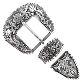 Cowboy Cowgirl Western Floral Engraved Replacement Belt Buckle Set fits 1-1/2"(38mm) Belt Strap - Antique Silver