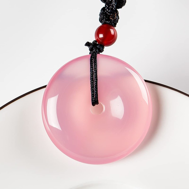 Women's Donut Necklace Pendant, Natural Pink Chalcedony Agate Lucky Stone