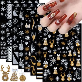 Christmas Nail Art Stickers, Snowflake Nail Decals 3D Self-Adhesive Gold Silver White Snowflake Elk Bell Xmas Tree Winter Nail Design DIY Christmas Nail Decoration for Women Girls(8Sheets)