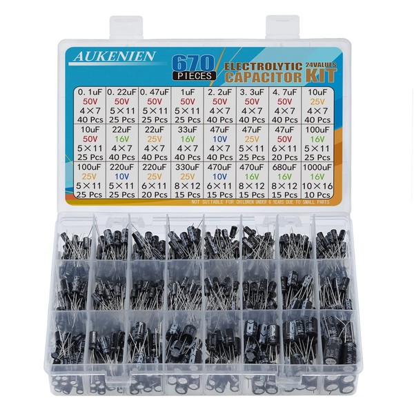 AUKENIEN AUKENIEN Electrolytic Capacitor Kit 24 Values 670pcs Aluminum Industrial