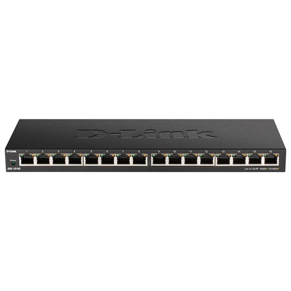 D-Link Ethernet Switch, 16 Port Gigabit Slim Switch Plug and Play, Unmanaged, Metal Housing, Quiet Fanless Design, IEEE 802.3az EEE, 5-Year Limited Warranty (DGS-1016S) Black