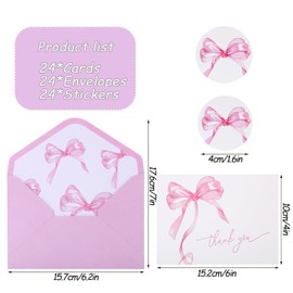 OIPKKUI 30Pack Pink Bow Thank You Cards with Envelopes Stickers Pink Bow Blank Note Cards Watercolor Bow Greeting Cards for Wedding Party Birthday Supplies