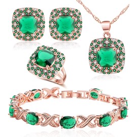 Jewelry Set for Women,Cubic Zirconia Tennis Necklace Ring Clips Earring Bracelet set,Wedding Birthday Anniversary Engagement Gift For Wife Girlfriend Best Friend Bridal (Rose Gold-Green)