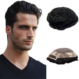 Toupee for Men PU Around+Lace Base Real European Human Hair Pieces for Mens Hair Prosthesis Patch Units Hair Replacement System for Men (7 * 10)