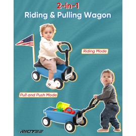 RIDYEE 2-in-1 Toy Wagon for Toddlers 1-3, Kids Pull-Along with Removable Seat and Adjustable Handlebar, Baby Push Walker with 8L Large Basket, Steering Limit, DIY Sticker, Blue