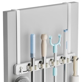 Broom Holder Door Mount, Over the Door Broom and Mop Holder with 2 Over Door Hooks,  Broom Hanger, Tool Rack Organizer for Laundry, Garage, Closet, Kitchen Decor, 4 Slots & 4 Hooks Rustic - Color: White