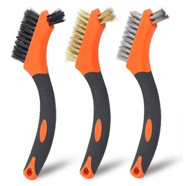 HORUSDY 3-Piece Wire Brush Set, 7-Inch Nylon/Brass/Stainless Steel with Non-Slip Curved Grip Handle for Rust, Dirt & Paint Scrubbing Welding Slag Rust BBQ Scooter Machine